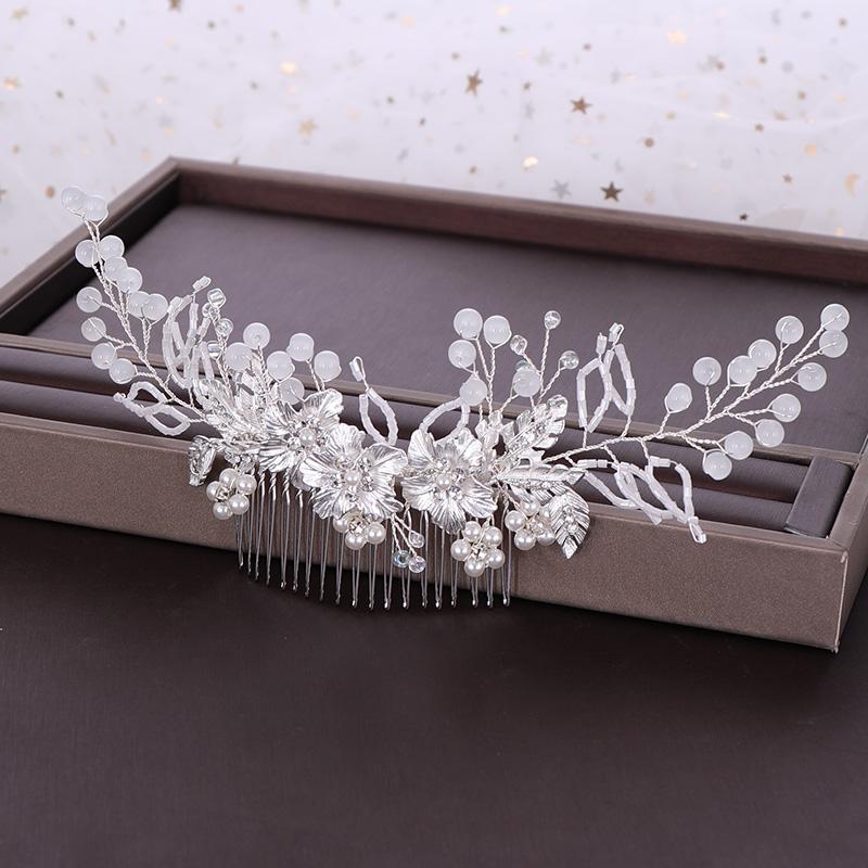BröllopsPärlHårkam Tiara Silverfärg Blomma BrudHuvudprydnader Hårkam BröllopsHåraccessoarer Handgjord Huvudbonad