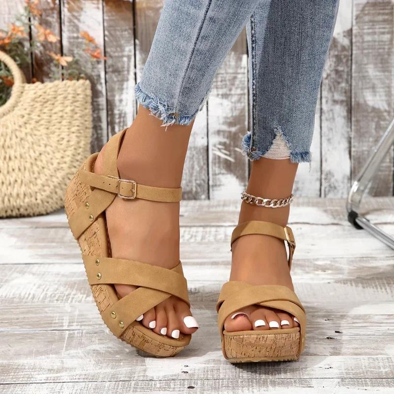 Summer New Wedges Sandals Women  Women's Shoes Buckle Rivet Decoration Large 42 Roman Platform Leisure Beach Sandalias Mujer