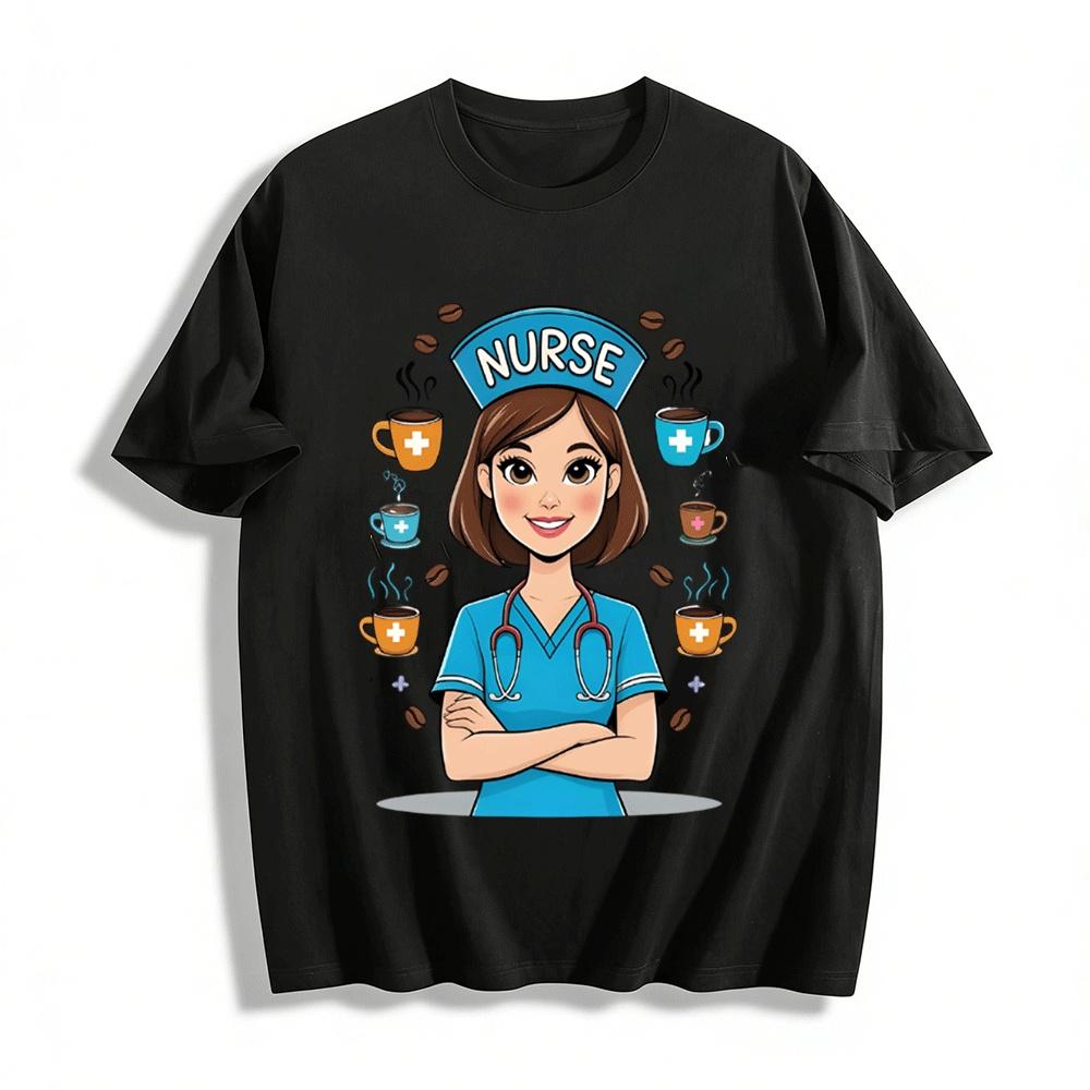 

Coffee Lover Nurse Graphic Tee For Medical Workers Casual Top Pure cotton T-shirt XXS