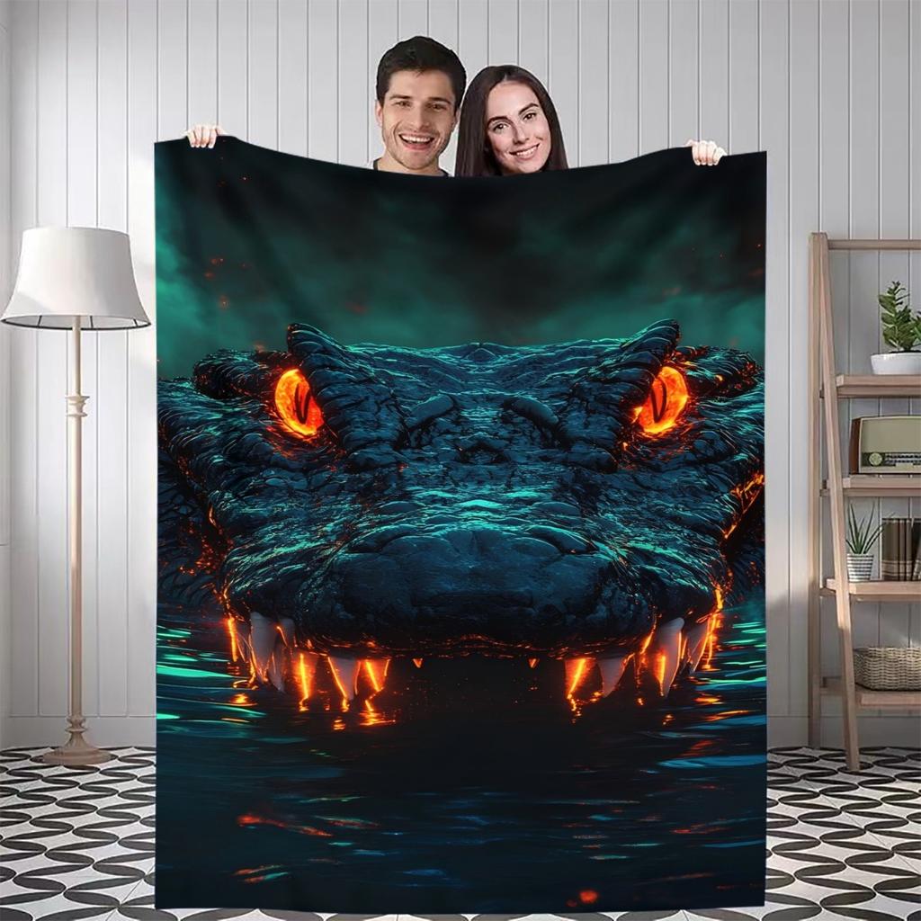 1pc Glowing Eyes Crocodile Throw Blanket - Dark Teal & Orange Accent, Soft Flannel All-Season Warmth for Home, Office, Camping