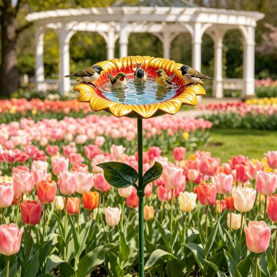 Χειροποίητος Μεταλλικός Πάσσαλος Κήπου με Λουλούδι, Μπανιέρα για Μέλισσες και Ποτίστρα για Πουλιά, Ανθεκτικός στις Καιρικές Συνθήκες, Σταθμός Ποτίσματος για Επικονιαστές Πεταλούδες, Διακόσμηση Εξωτερικού Κήπου