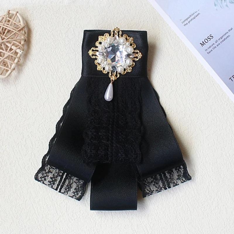 

Korean Fabric Lace Bow Tie Pearl Crystal Brooch Rhinestone Bowtie Necktie Female Shirt Collar Pins Luxulry Jewelry Accessories чорний