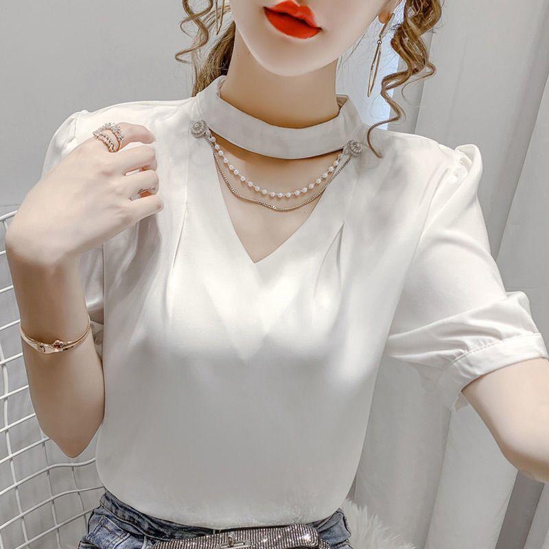 Women Summer Style Blouses Shirts Lady Fashion Casual Puff Short Sleeve O-Neck Solid Pearl Blouses Tops