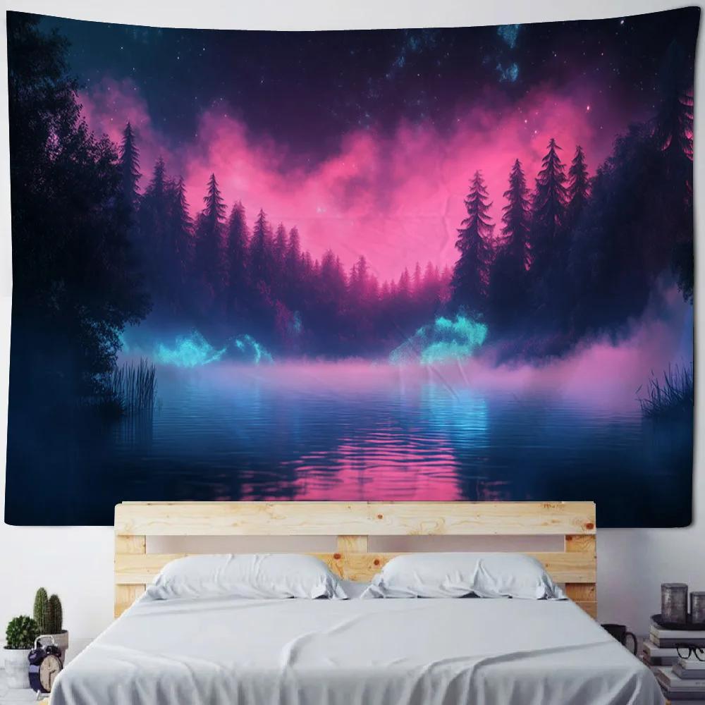 Aurora Lake Forest Starry Sky Tapestry Wall Hanging Cloth for Bedroom Headboard Living Room Sofa Decor