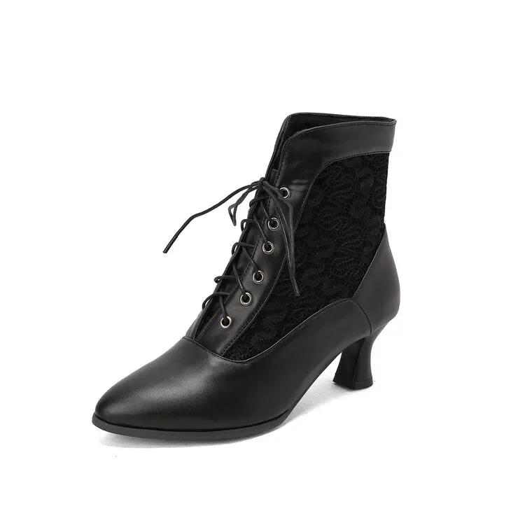Women Victorian Ankle Boots Leather Lace Heel Shoes for Women  Fashion Lace Up Spliced Ladies High Heels Woman Boots Ankle 46