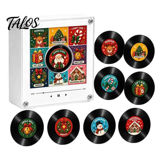 NFC Vinyl Record Player Fridge Magnet for Christmas, with 9 Programmable Records, Set 256MB Memory, LED Light-Up Personalized Magnetic Music Box Mini
