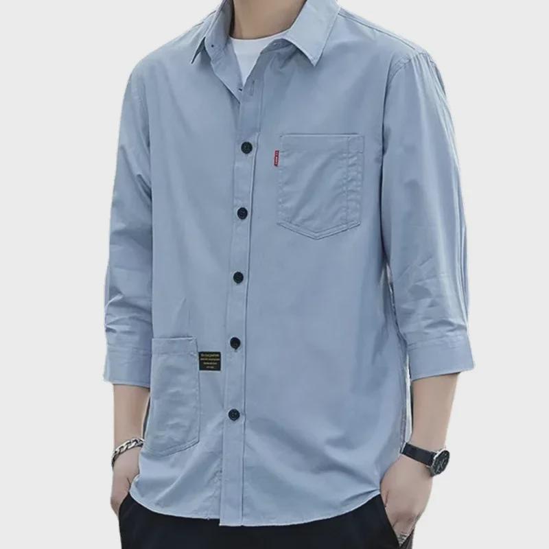 Chemise Décontractée Ample en Coton Lavé à Manches Trois-Quarts Style Hong Kong pour Homme