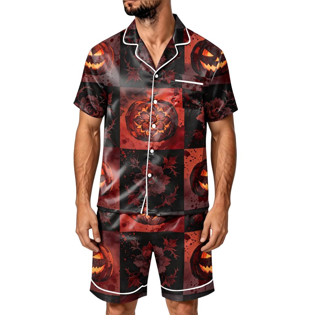 Herren Halloween Pyjama Set - Gestreiftes Karomuster aus Satin, Kurzarmhemd und Shorts mit Taschen, Lockeres Zweiteiler Set für Zuhause und Tägliche Kleidung