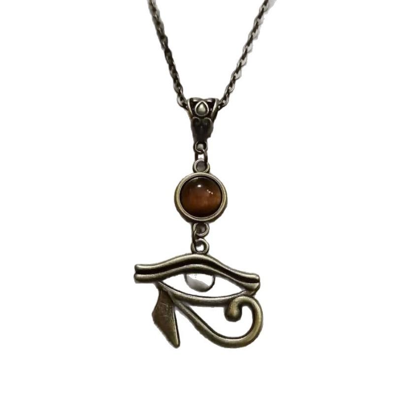 Ancient Egyptian Horus Eye Natural Tiger Eye Stone Pendant Necklace for Women Halloween Party Pagan Witchcraft Gothic Jewelry