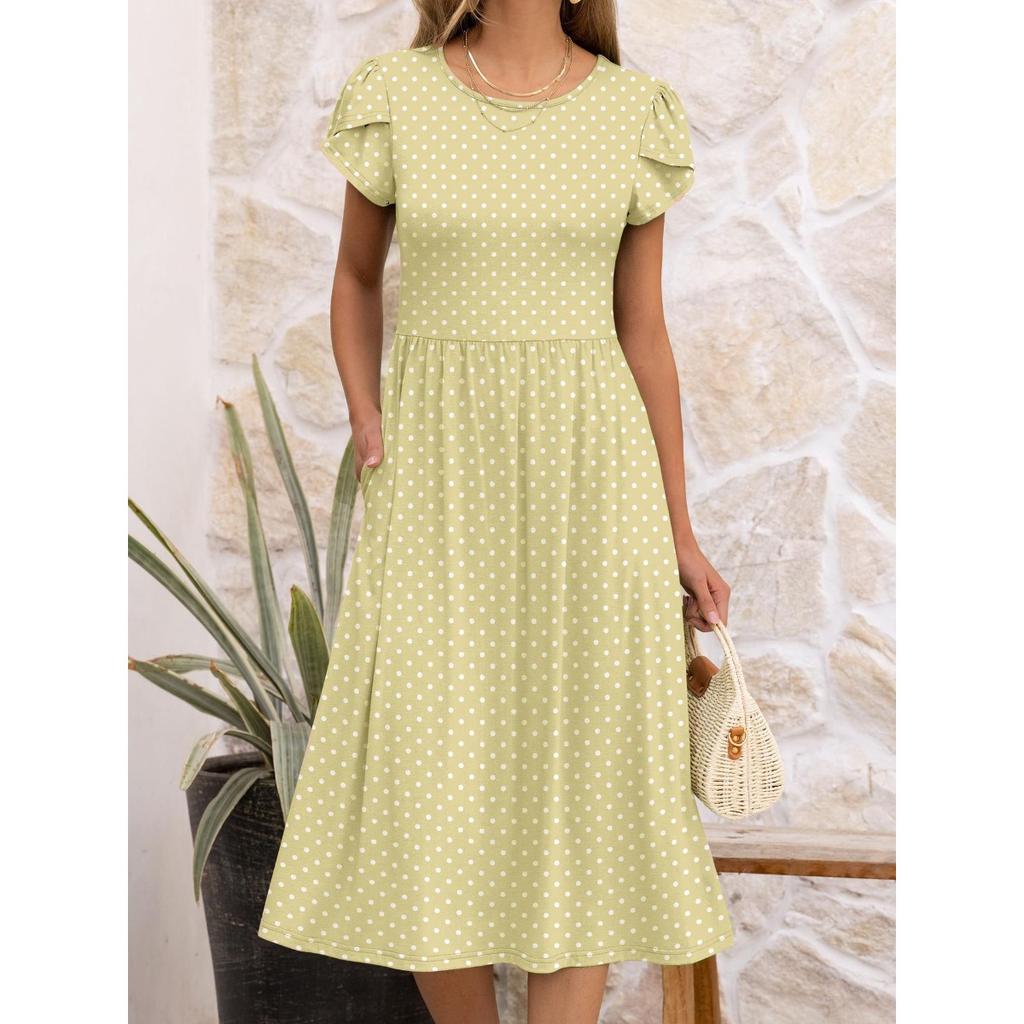 Damen Rundhals Kurzarm Midi Kleid Lockerer Schnitt Mittlere Taille Elegant Gepunktetes Sommerkleid