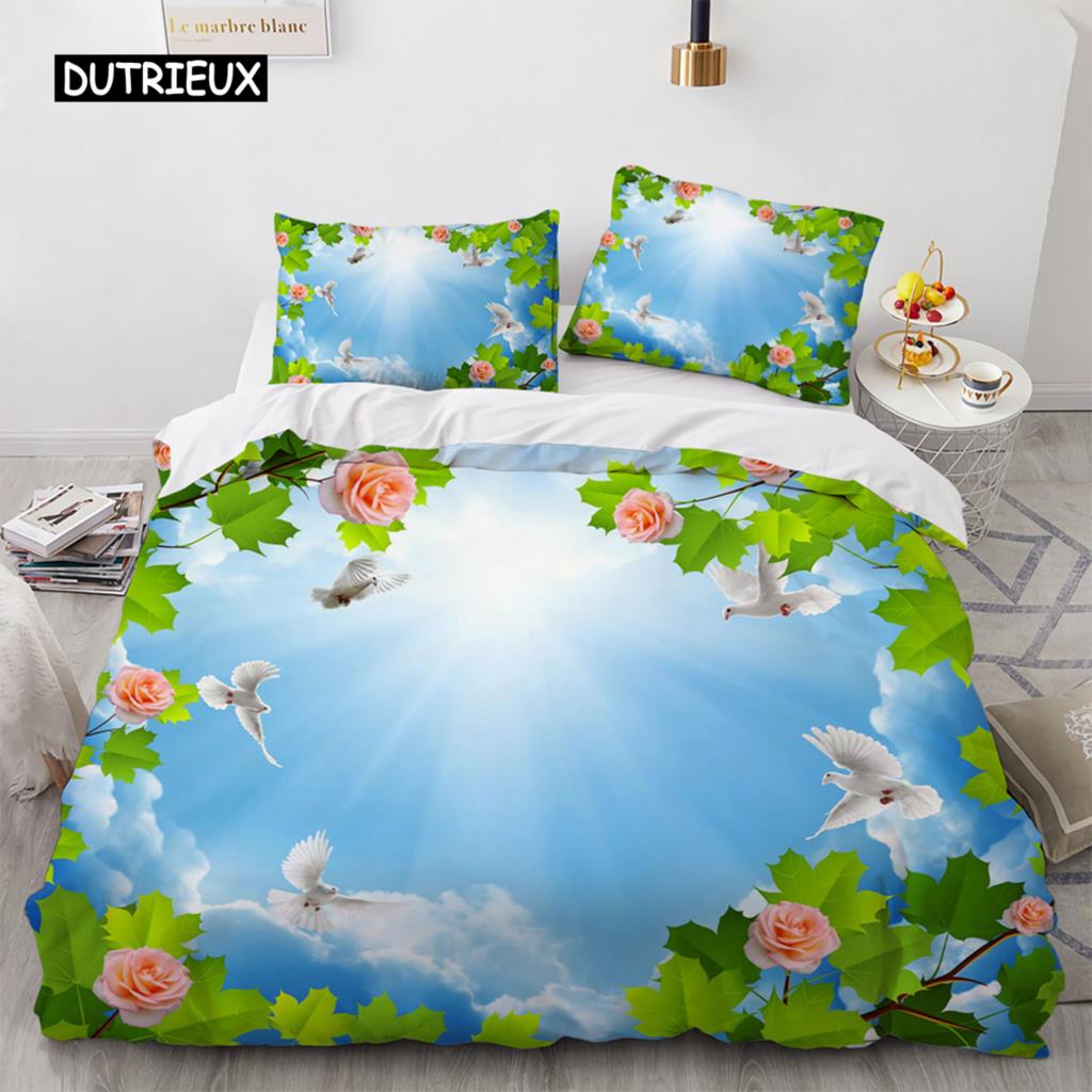 Blue Sky King Queen Påslakan Rosa Blommor Vit Flygande Fågel Sängkläder för Barn Tonåringar Vuxna 3d Naturlandskap Täcke