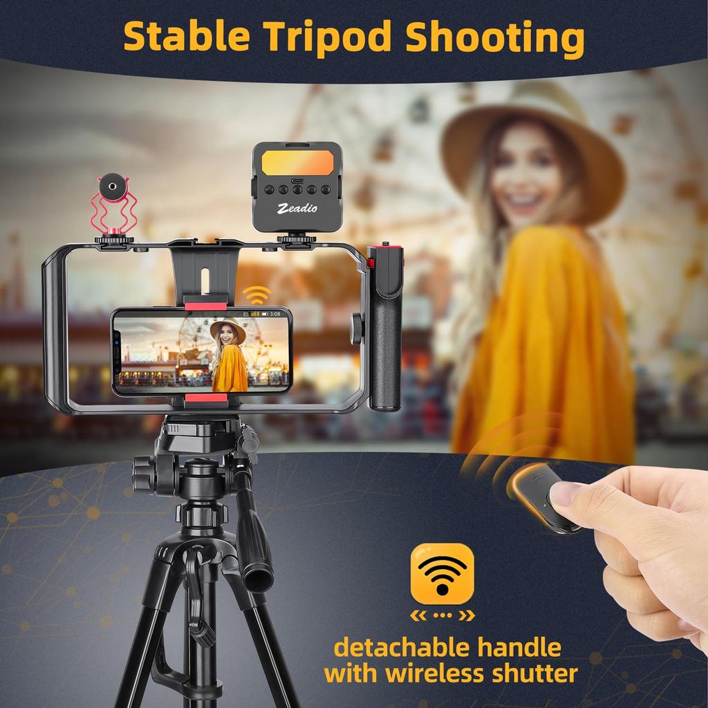 Zeadio Universal Smartphone Vlogging Kit (with RGB Light & Microphone) - iPhone/Android Compatible Smartphone Stabilizer Cage for Content Creators