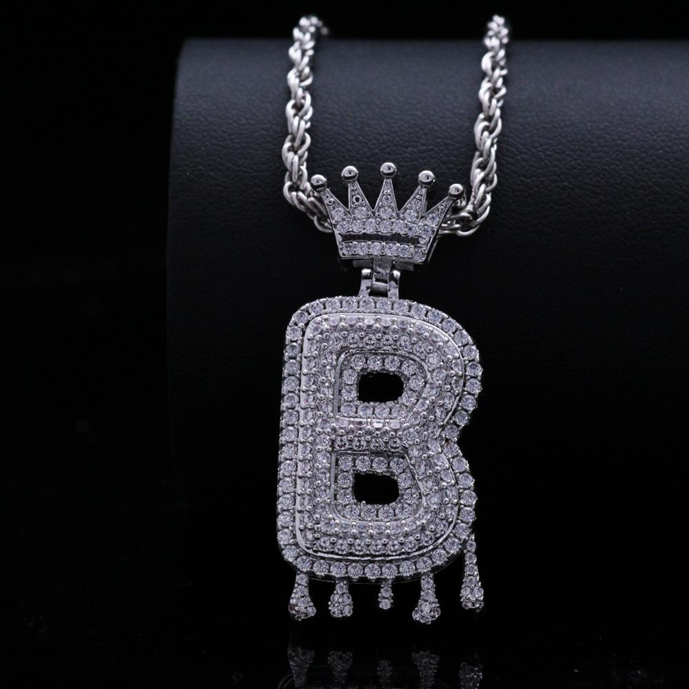 Stylish Hip Hop Zircon Crown Pendant Necklace with 26 English Letters for Women