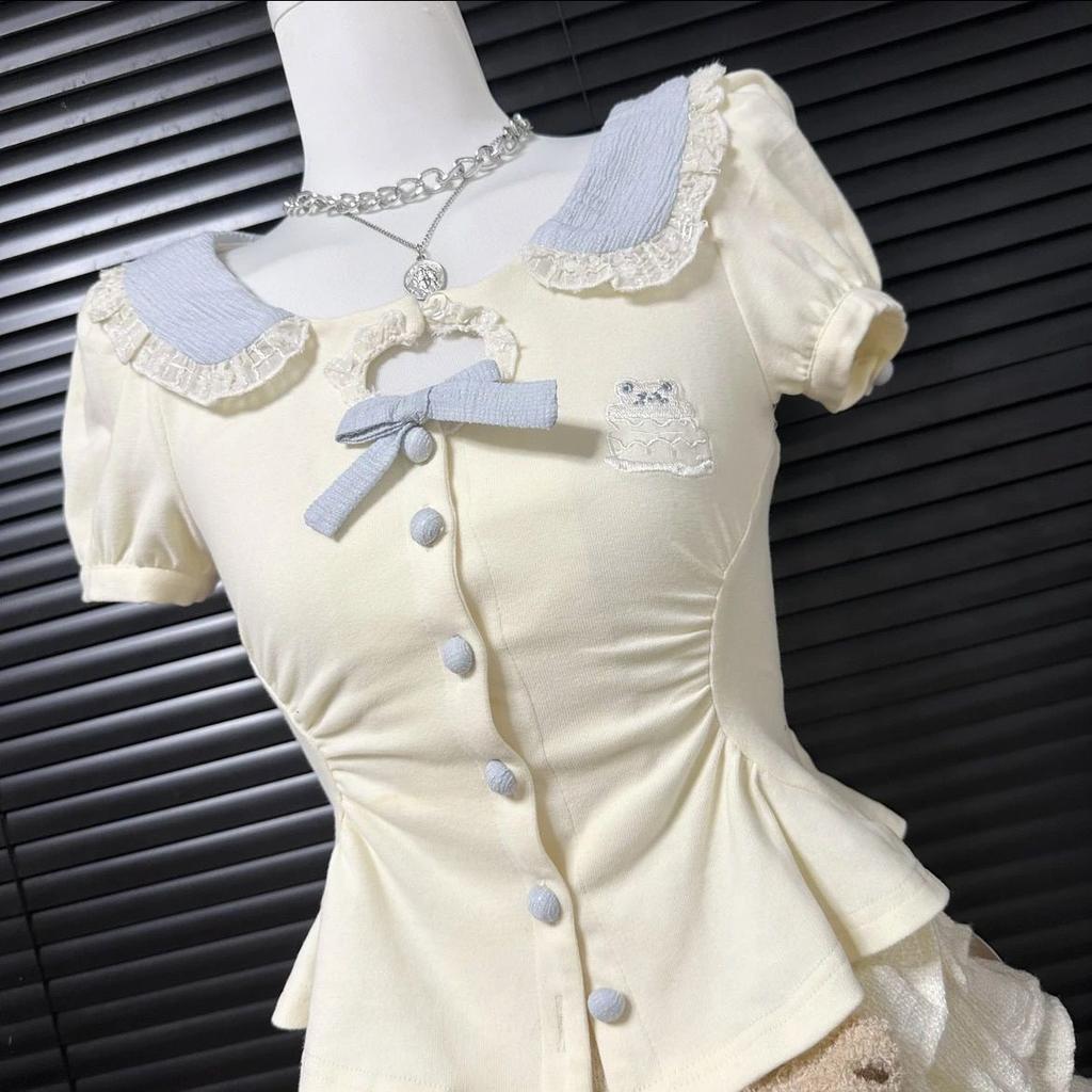 Girls Summer Korean Short Sleeve Dress Set with Peter Pan Collar and Tiered Skirt