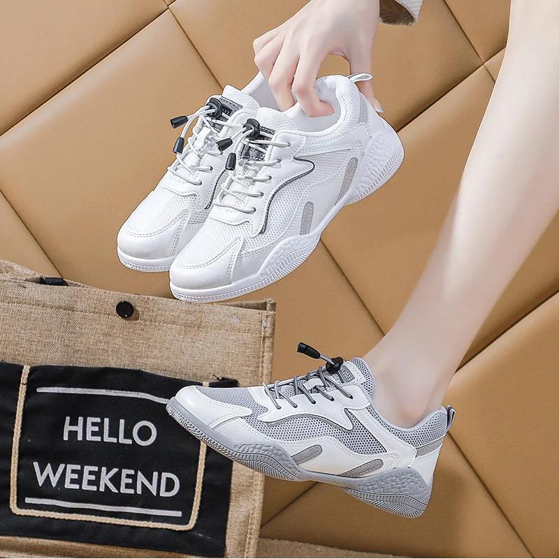 Fashion Women's Sneakers New Mesh Leather Ladies Breathable Training Shoes Casual Flat Shoes Women Lightweight Sports Shoes Zapatillas