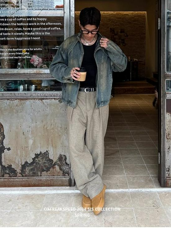 Herren American Retro Gewaschene Jeansjacke - Schwer, Lockerer Schnitt, Trendig, Lässig, Frühling Reißverschluss Arbeitskleidung