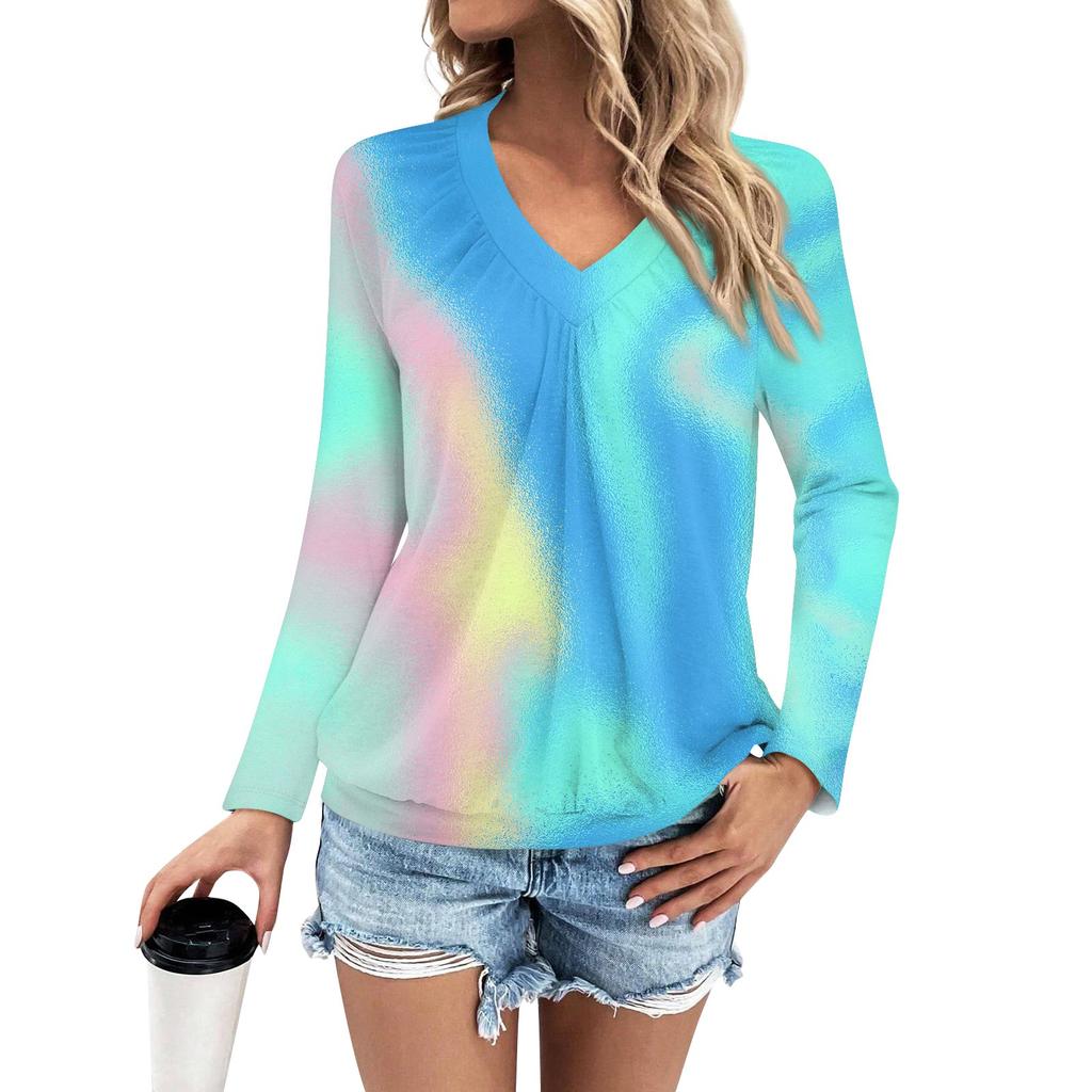 Women's Fashion V-Neck Pleated Gradient Print Casual Long Sleeve