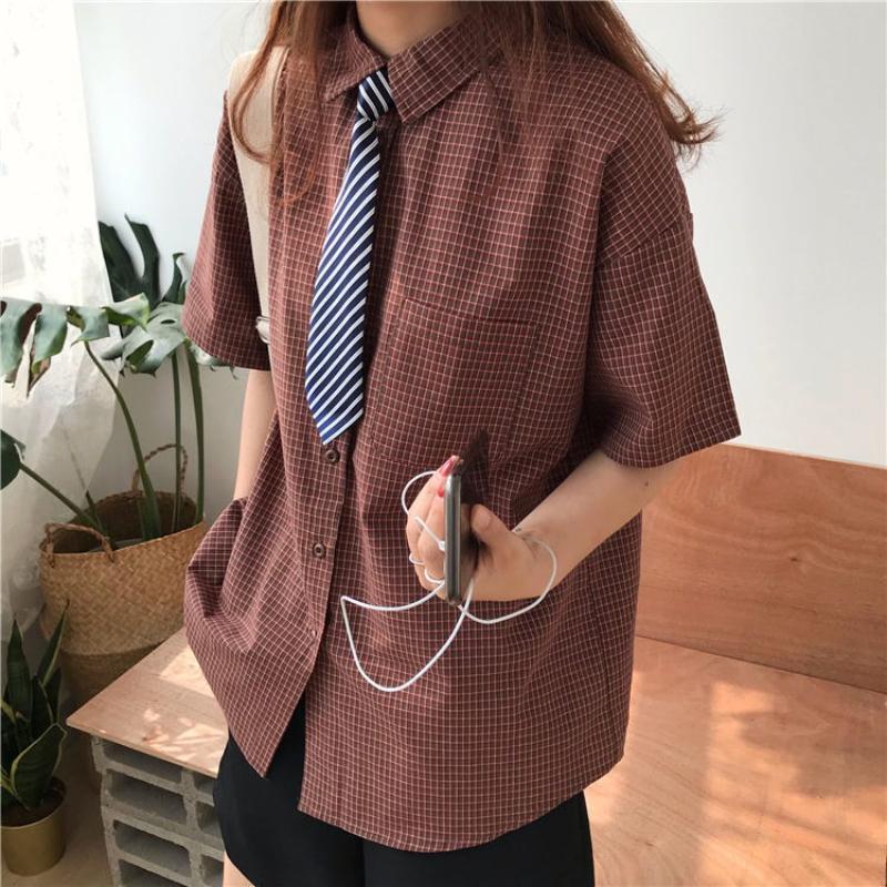 

Женская клетчатая рубашка с коротким рукавом, свободный шикарный ретро кардиган с завязкой, летняя рубашка с отложным воротником и одним карманом XXL