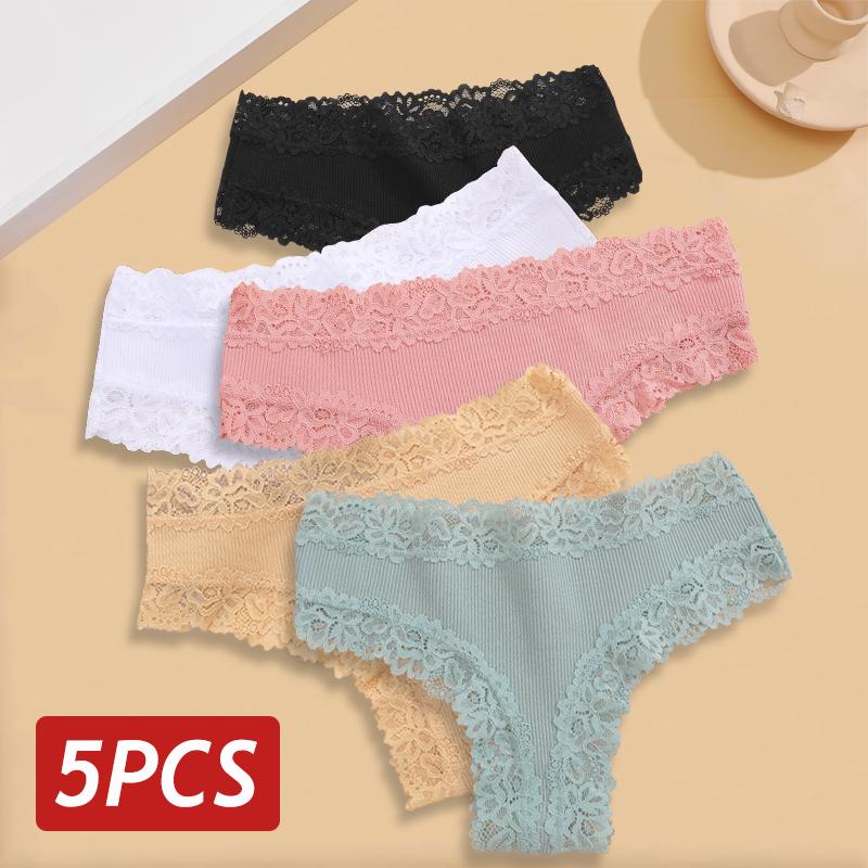 5 STÜCKE/Set Damen Spitze Nahtlose Baumwollslips Sexy Brazilian Hosen Gerippt Atmungsaktiv Mädchen Unterwäsche Weich Übergröße Dessous S-XL