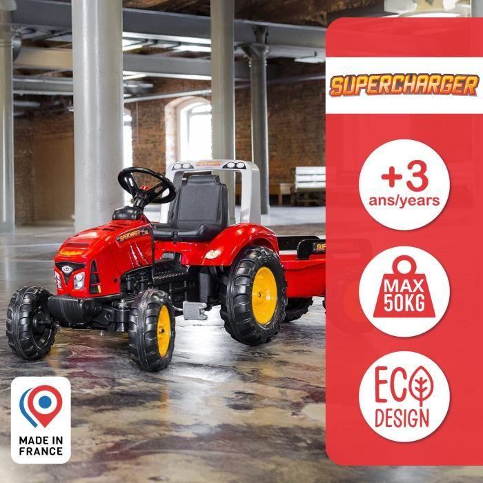 Tracteur à pédales Supercharger - FALK - Volant directionnel et remorque - Fabriqué en France - 60% de plastique recyclé - Dès 3 ans