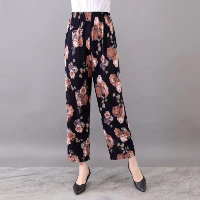 Casual Summer Women's Plus Size Ice Silk Stretch Pants - Loose, High Elastic Waist for Middle-Aged and Elderly