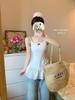 Women's White Bow Spaghetti Strap Ballet Tank Top with Lace Ruffle Hem