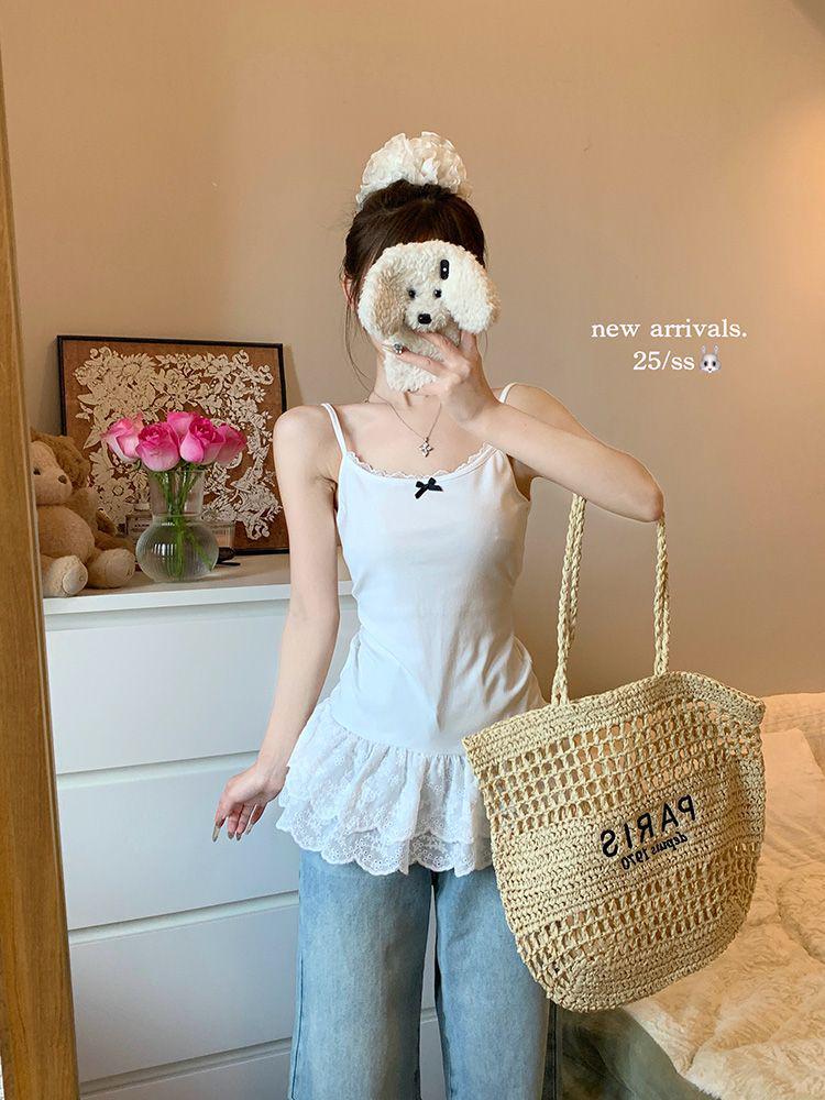 Women's White Bow Spaghetti Strap Ballet Tank Top with Lace Ruffle Hem