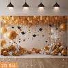 2D Plane, Graduation Background Fabric for 2026, Golden and White Balloons, Graduation Cap with Stars, Polyester Fiber