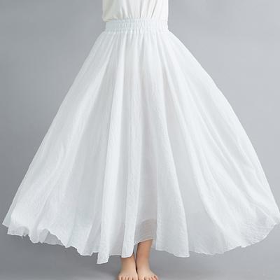 Female Art Plus Size Cotton and Linen Skirt with Elastic Waist and A-line Skirt, Long Pure Color Ethnic Style Large Swing Skirt