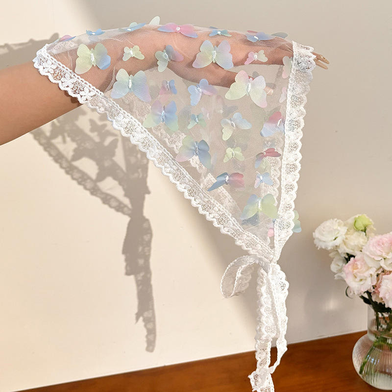 Summer White Woven Floral Lace Hair Scarf Wraps Women Retro Triangle Headscarf Hat Travel Photo Headband Hair Accessories