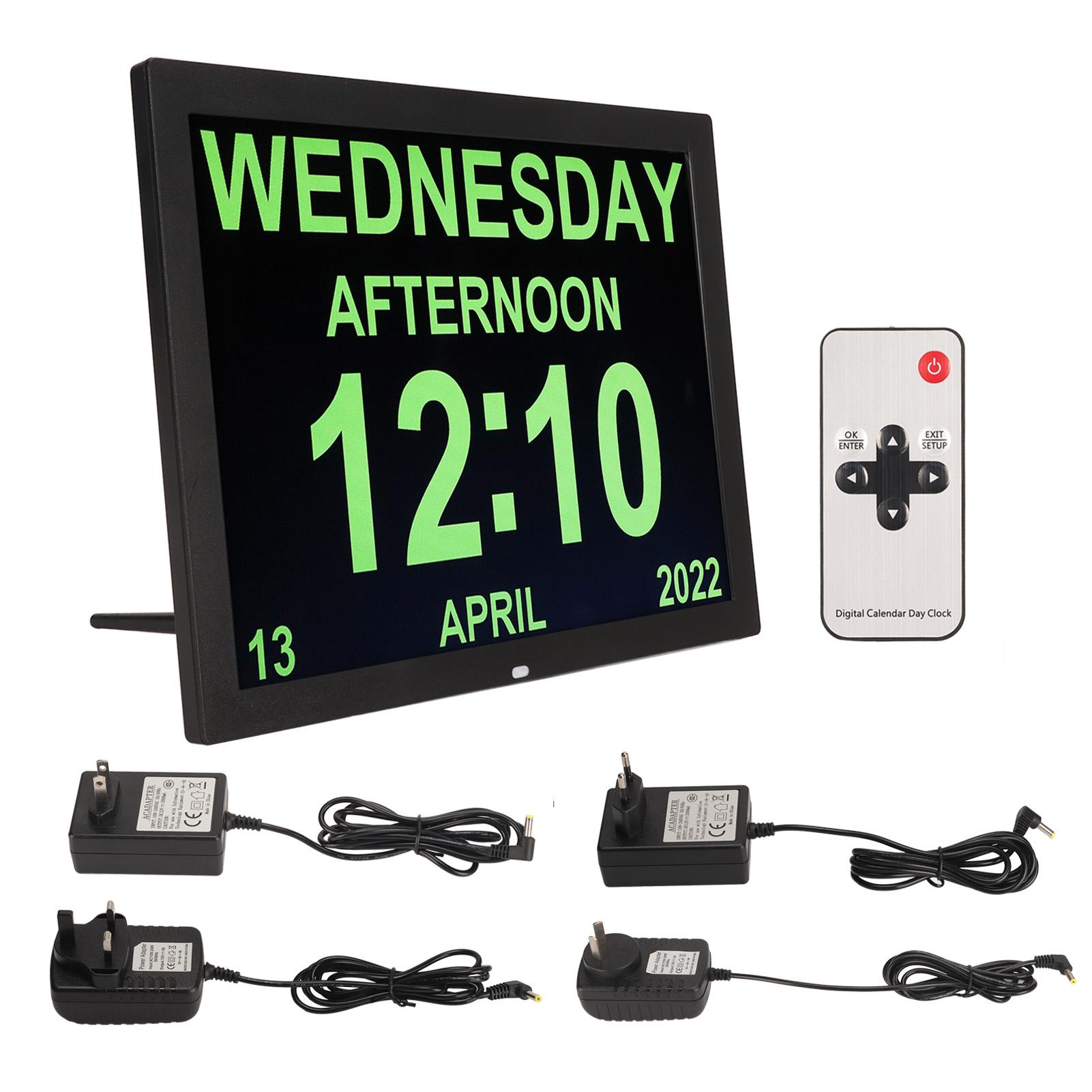 

15-дюймовые цифровые часы с большим HD-дисплеем, пульт дистанционного управления, 10 языков, календарь, будильник с датой и днем