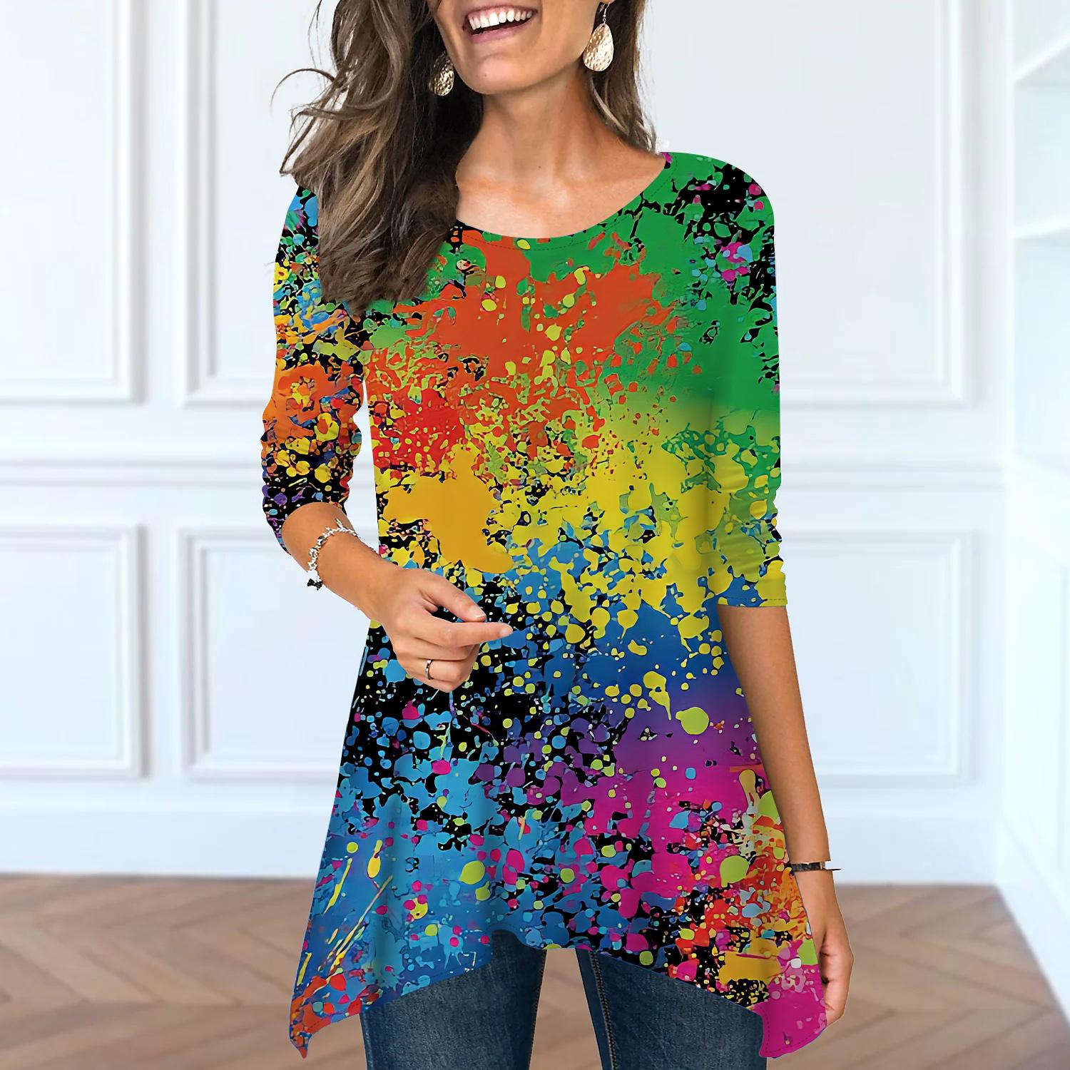 

Женские весенние топы с круглым вырезом, розовые, с принтом тай-дай, модные, с длинными рукавами, неровным подолом, футболки 8XL разноцветный