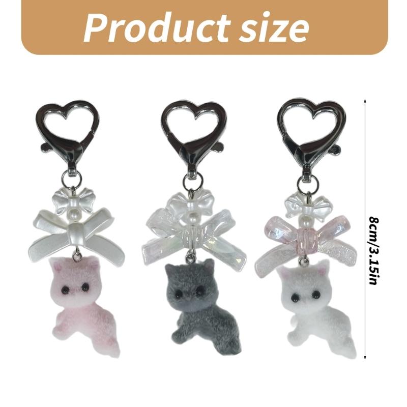 Flocking Animal Cartoon Keychain 3D Cat Shape Key Chain Fashionable Bowknot Pendant Phone Decorations for Women and Girl