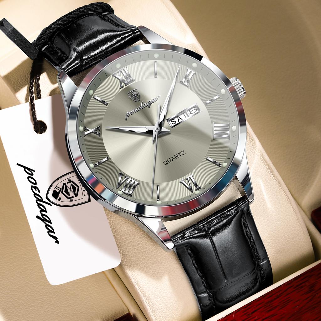 POEDAGAR Luxury Fashion Watch for Man Leather Date Week Casual Quartz Clock Waterproof Luminous Business Watches Reloj