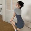 Women's Dress Color Contrast Splices Slim Short Sleeves O Neck