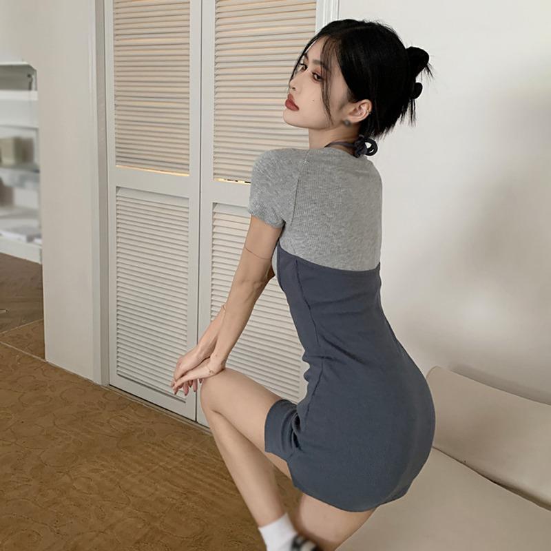 Women's Dress Color Contrast Splices Slim Short Sleeves O Neck