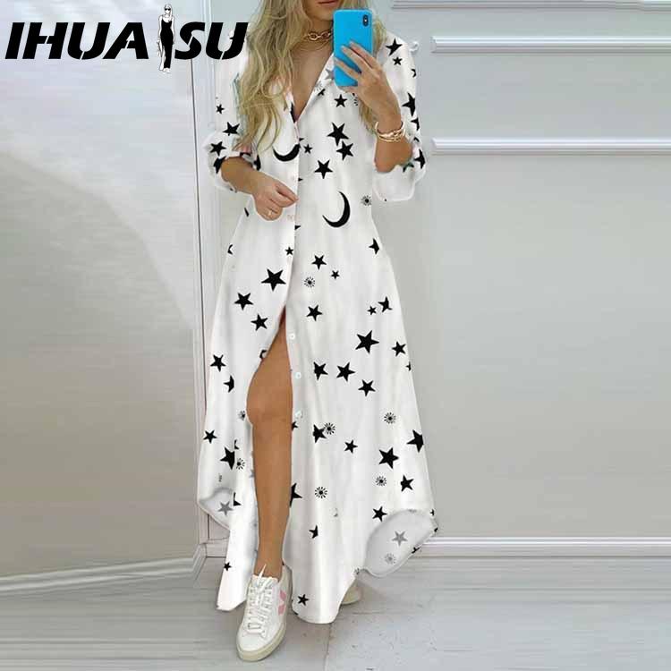 IHUASU Rochie Cămașă cu Imprimeu Temperamental de Primăvară Toamnă pentru Femei, cu Nasturi Simpli, Rochie Cămașă Deschisă, Rochie Lungă Casual