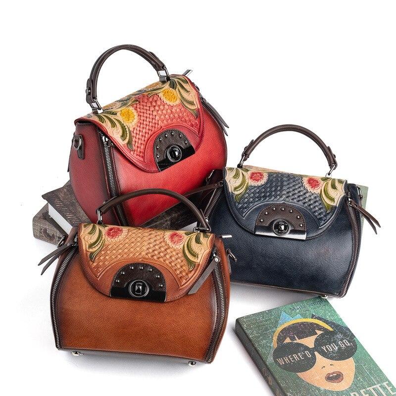 Johnature Retro preget førstelags kuskinn Dameveske Håndlaget Floral Hasp Handbag Fritid Skulder Messenger Bags