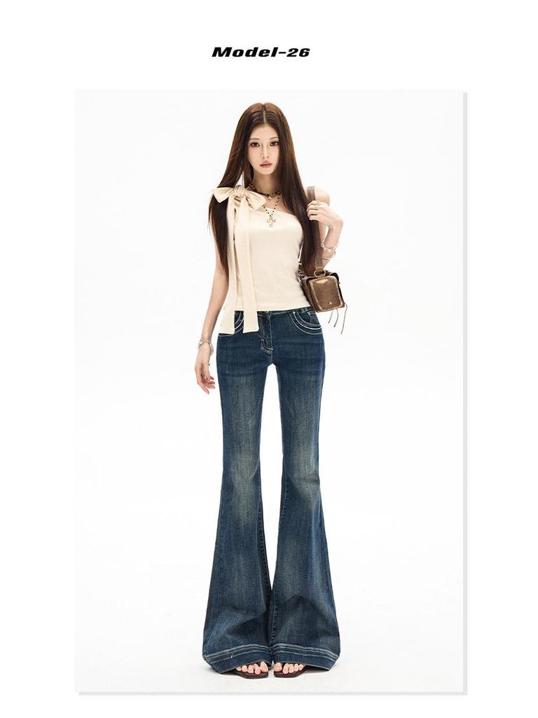 Yi Mengling Retro Washed Women's Micro-Flare Jeans - 2026 Spring Collection, High Elasticity Slim Fit.