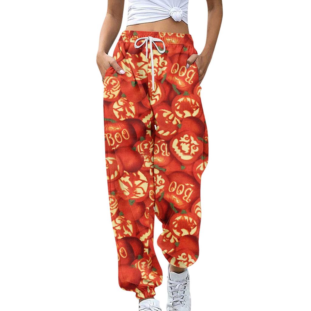 Sweatpants for Women Elastic Waist Drawstring Casual Pants Halloween Printing Pants with Pockets