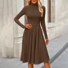 Vestido Midi Casual de Moda Feminina com Gola Alta e Mangas Longas em Cor