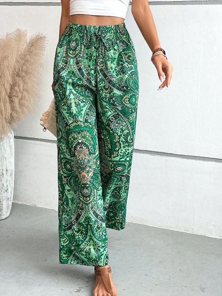 Western Women’s 2025 Summer Printed Elastic Waist Wide Leg Pants
