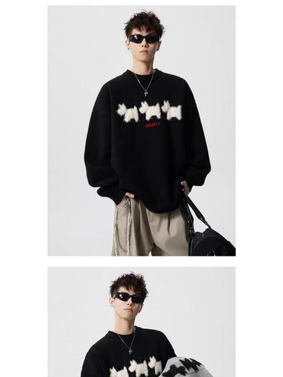 Men's Winter Cartoon Fleece Sweater - Round Neck, Loose Fit, Versatile for Casual Couples