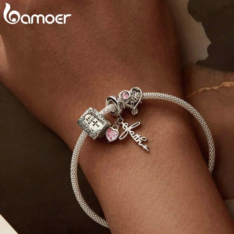 BAMOER Faith Charm for Women 925 Sterling Silver Cross Pendant Heart Shaped CZ Initial Pendant Fit Charm Bracelet Christmas Gift
