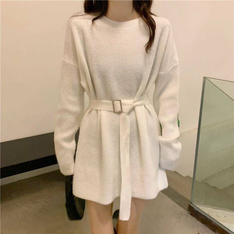 Women's Knit Dress Autumn Winter Simple Midi Sweater Dress Slim Fit Pullover Sweater Dress with Belt