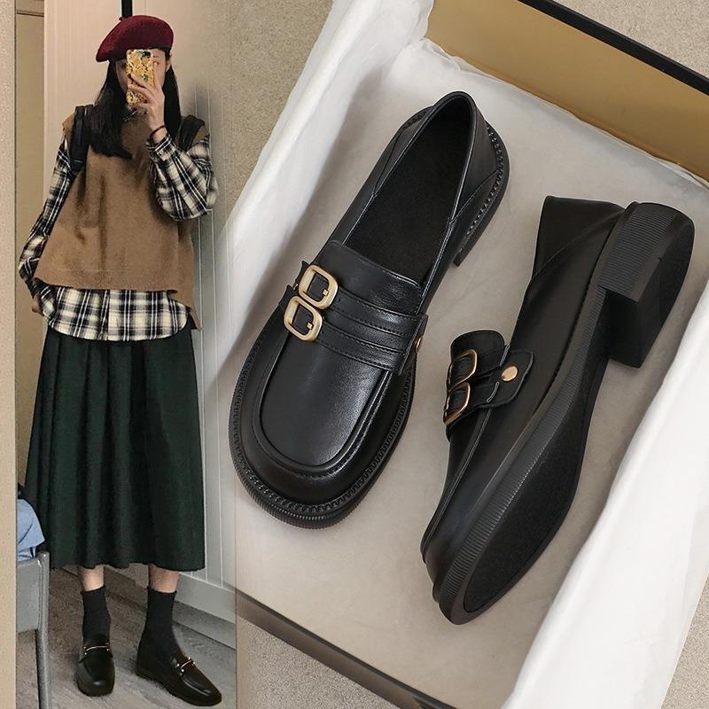 Low-heeled British Small Leather Shoes Women's Spring Summer One-pedal Single Shoes Classic College Style Big Head Shoes Tide