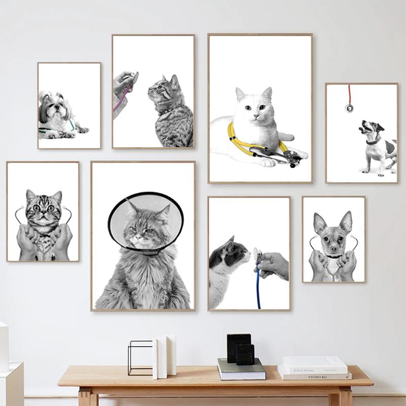 Pet Care Art Prints Black White Photography Posters Cat Dog Canvas Painting Animal Clinic Wall Pictures Veterinary Office Decor