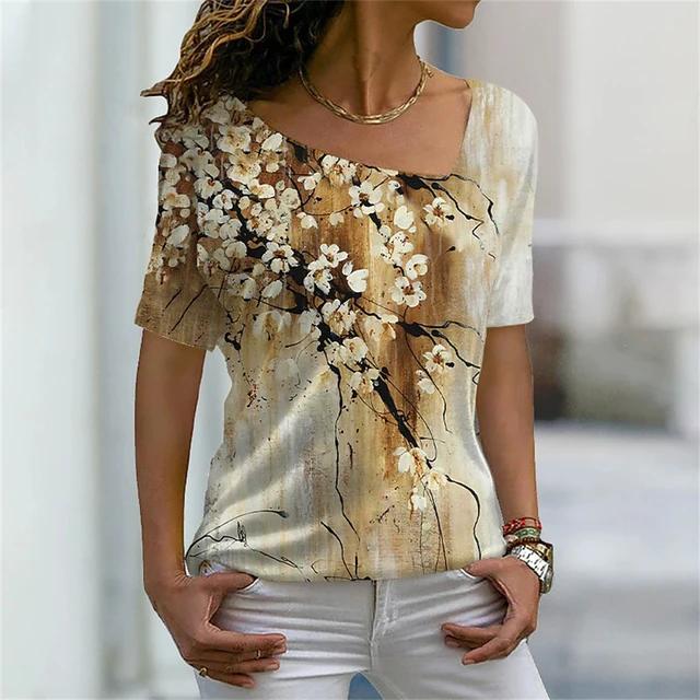 Summer T-shirt 3D color pattern printing women's V-neck Y2K casual tops women's retro Harajuku girls' personalized short sleeves