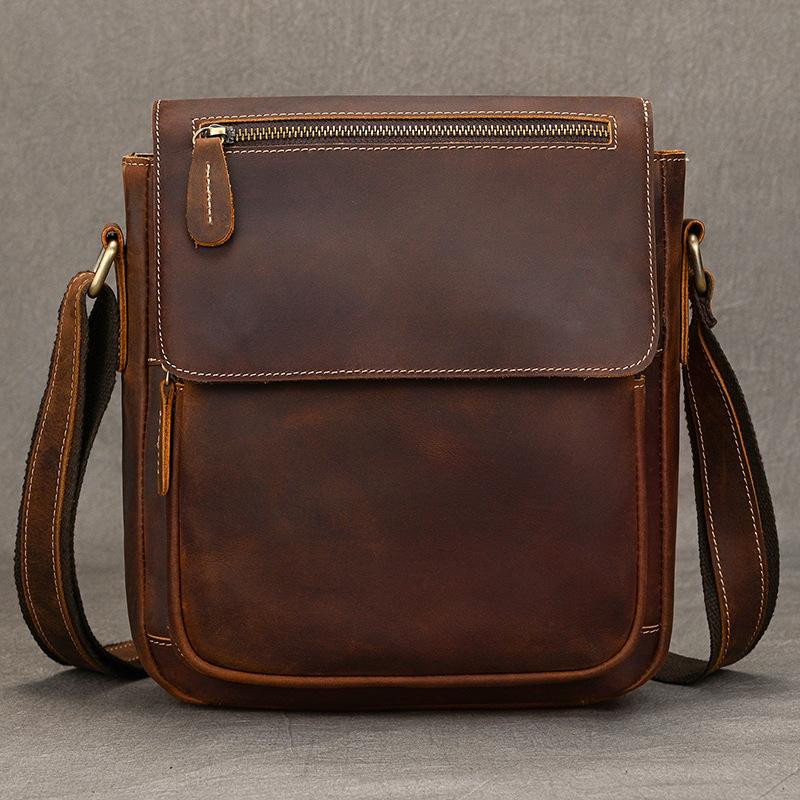 Borsa a Spalla in Pelle Crazy Horse Retrò Piccola Borsa a Spalla in Vera Pelle Semplice Borsa a Tracolla in Pelle di Vacchetta Primo Strato Uomo