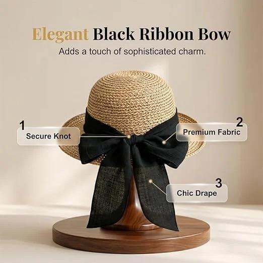 Women's Wide Brim Straw Sun Hat with Bow, Foldable Summer Wide Brim Packable Sun Hat Womens Travel Straw Fedora Hat(Coffee)